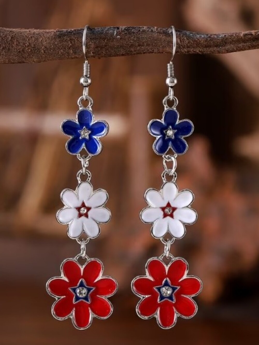 Multi-Color Floral Drop Earrings - Red White And Blue